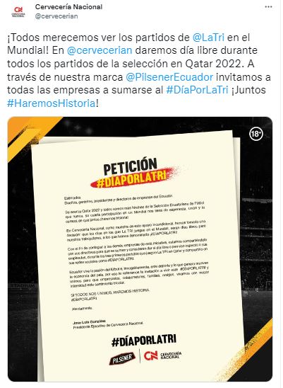 Lee más sobre el artículo CERVECERÍA NACIONAL DECLARA #DÍAPORLATRI PARA ALENTAR A LA SELECCIÓN EN QATAR 2022