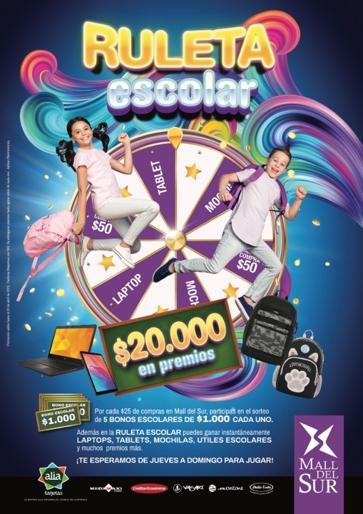 Lee más sobre el artículo LA “RULETA ESCOLAR” DE MALL DEL SUR CARGADA DE PREMIOS PARA ESTE REGRESO A CLASES