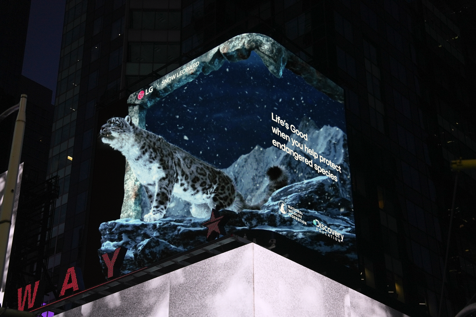 Lee más sobre el artículo LG LANZA CAMPAÑA DE CONCIENCIACIÓN SOBRE ESPECIES  VULNERABLES Y EN PELIGRO EN TIMES SQUARE  La serie animal anamórfica en 3D da inicio a las activaciones locales y globales de LG para el Día de la Tierra.