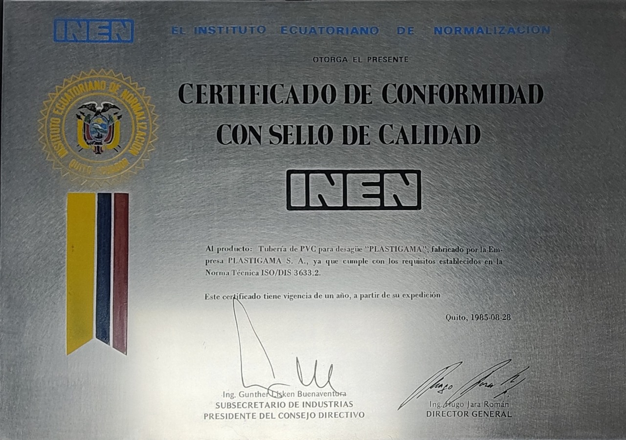 Lee más sobre el artículo HACE 39 AÑOS PLASTIGAMA WAVIN RECIBIÓ SU PRIMER SELLO  DE CALIDAD INEN