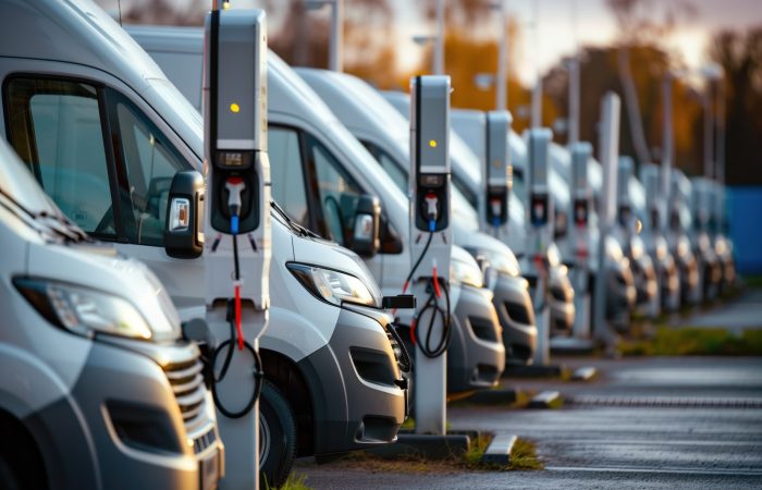 Electric vehicles charging station on a background of a row of vans