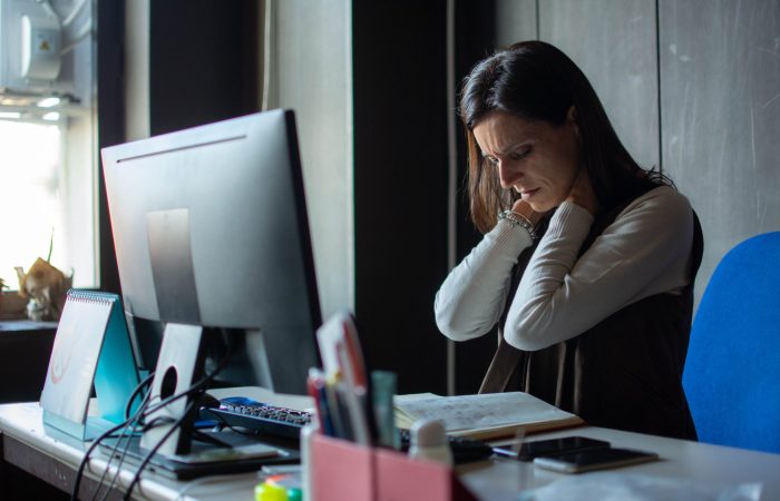 Side,View,Of,Tired,Woman,Massaging,Rubbing,Stiff,Sore,Neck